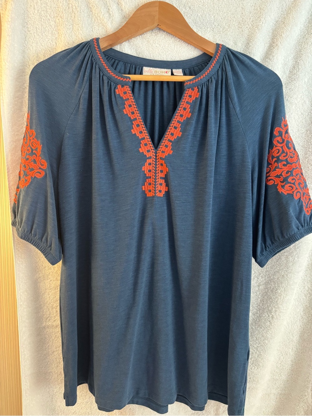 Belle BOHO Kim Gravel Roxy Blue Tunic Top with Orange Embroidery Sz M
